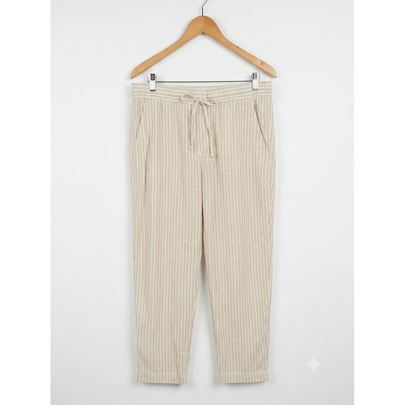Unknown Pants - Linen Blend Striped Drawstring Tapered Pants Beige White Neutral Womens Large‎